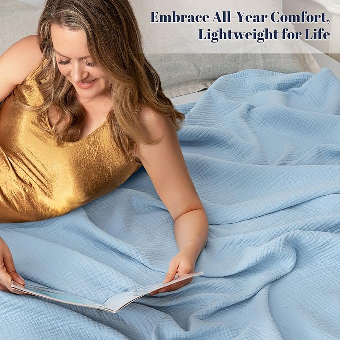 PHF 100% Cotton Muslin Throw Blanket 50" x 60", 4-Layer Lightweight Gauze Throw, Breathable Cloud-Soft Minimalist Blanket for Bed, Couch, Camping & Baby, Sky Blue, Ideal Gift