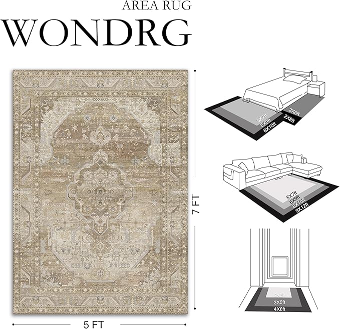 6x9 Washable Vintage Area Rug for Living Room Bedroom Non Slip Distressed Traditional Soft Large Throw Rug Beige Brown Low Pile Lightweight Floral Carpet Office Indoor Playroom Dining Room