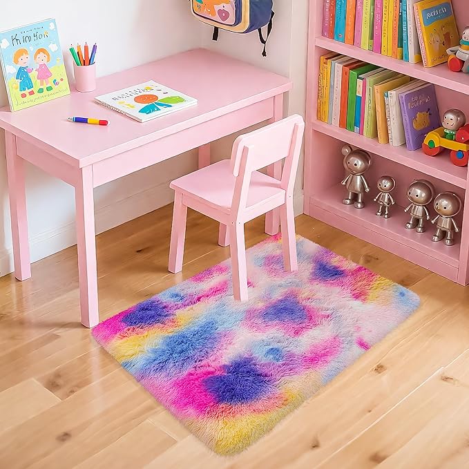 2x3 ft Small Throw Rugs Furry, Non Slip Mini Area Rug, Fluffy Tie-Dyed Rainbow Carpet,for Bedroom Door Entryway Indoor Inside Front Entrance Dog Mat, Home Decor Aesthetic, Nursery