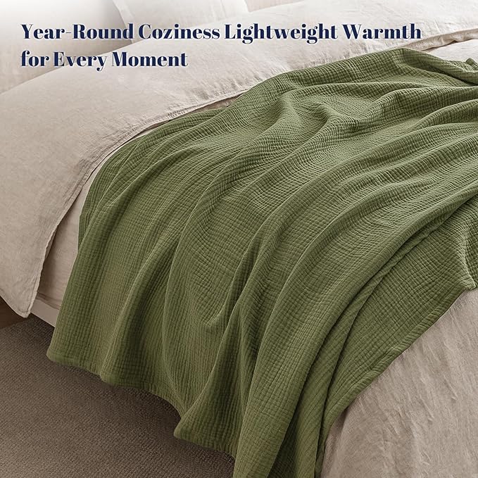 PHF 100% Cotton Muslin Blanket King Size 108"x90", 4-Layer Lightweight Gauze Throw, Breathable Cloud-Soft Minimalist Blanket for Bed, Couch, Camping & Baby, Olive Green, Ideal Gift