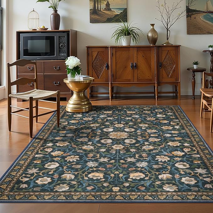 Anidaroel Floral Print Area Rug 5x7, Washable Dark Green Rugs for Living Room, Non Slip Soft Large Rugs for Bedroom, Stain Resistant Dining Room Mat Indoor Floor Carpet for Dorm