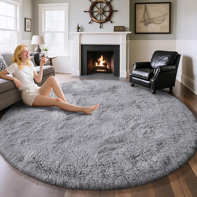 EVOIONOS Grey Round Rug for Living Room, 7x7 Ft Fluffy Soft Circle Area Rugs for Bedroom, Plush Shaggy Circular Carpet for Indoor Floor Bedside Kids Nursery, Machine-Washable Home Decor Aesthetic