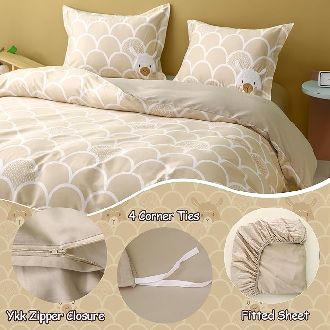 Simple&Opulence 100% Organic Cotton Duvet Cover for Kids Teens, 3 Pieces Soft Comforter Cover with Zipper Closure Boy Girl Warm Adorable Bedding Set - Alpaca, Twin