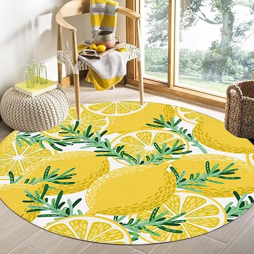 Lemon Round Rug Yellow Circle Rugs for Bedroom Dorm Living Room Lemon Tree Area Rug Floor Mat Pad Doormat Carpet, 6'X6'(180x180cm)