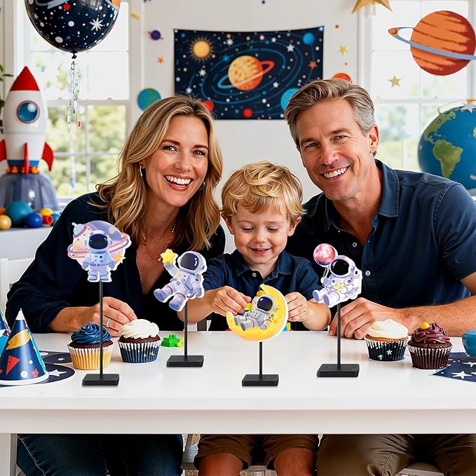 Outer Space Centerpieces for Tables Decorations, Blue White Wooden Astronaut Statues Figurines Set of 4, Space Theme Birthday Baby Shower Party Supplies Decor for Boy Nursery Room Self Desk Home