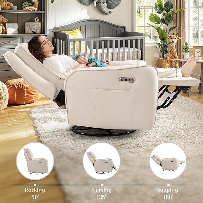 Power Recliner Gliders for Nursery, Electric Swivel Rocker Recliner Chair, Comfy Upholstered Living Room Reclining Rocking Chairs with Lumbar Support (Medium Size 7560, Cream)