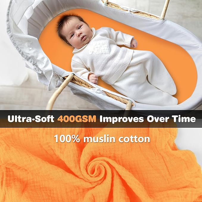 3-Pack Cotton Muslin Bassinet Sheets - Fitted Elastic Mattress Cover for Baby Boys & Girls, Breathable Bedside Bassinet Sheets Neutral Colors (Fits Oval & Rectangle Shape) (Orange)