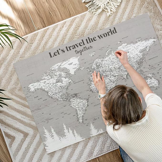 ElephantStock - Let's Travel II Push Pin World Map Wall Art - Horizontal Canvas Wall Art - Living Room Wall Decor - Digital Art Map Canvas Art - Gray And White Decor - 45" x 30"