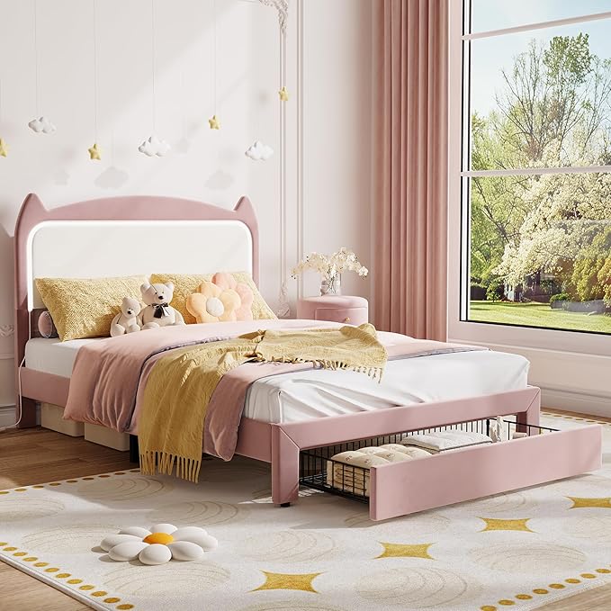 Full Size Princess Bed Frame with LED Lights & Storage Drawer - Pink Velvet Upholstered Cat Headboard Platform Bed for Kid- Sturdy Wood Slats, No Box Spring Needed, App & Remote Control,Pink & White