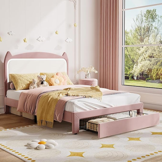 Full Size Princess Bed Frame with LED Lights & Storage Drawer - Pink Velvet Upholstered Cat Headboard Platform Bed for Kid- Sturdy Wood Slats, No Box Spring Needed, App & Remote Control,Pink & White