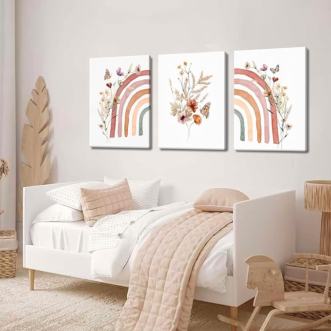 AKWISH Boho Rainbow Wall Art for Girls Room - Set of 3 Framed Wildflower Canvas Prints for Nursery, Baby Girl Room, Kids or Dorm Decor - Soft Pastel Botanical Bohemian Wall Decor 16x24in
