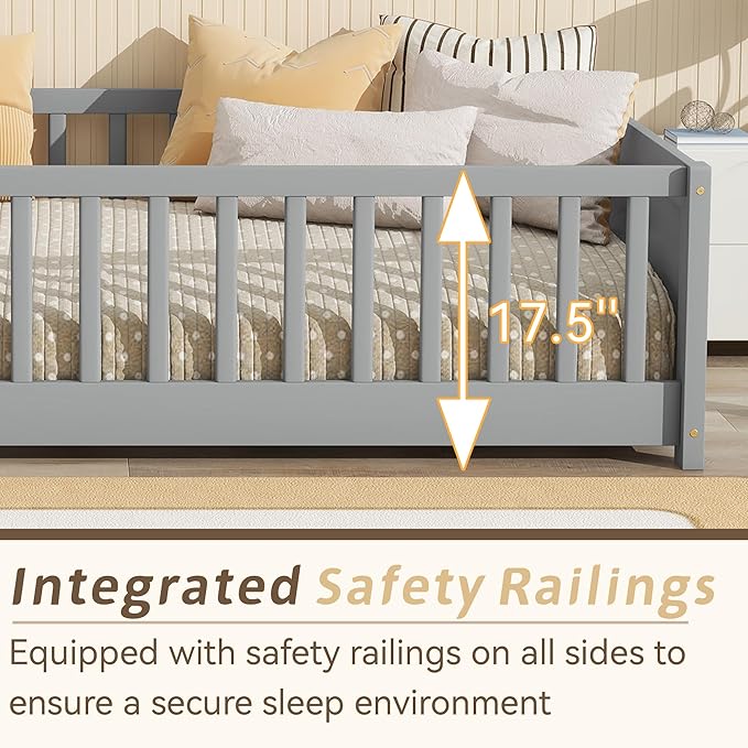 Twin Toddler Floor Bed with High Rails, Wooden Montessori Bed Frame with Built-in Book Rack, Twin Size Bed Frame for Kids, Boys and Girls, Grey