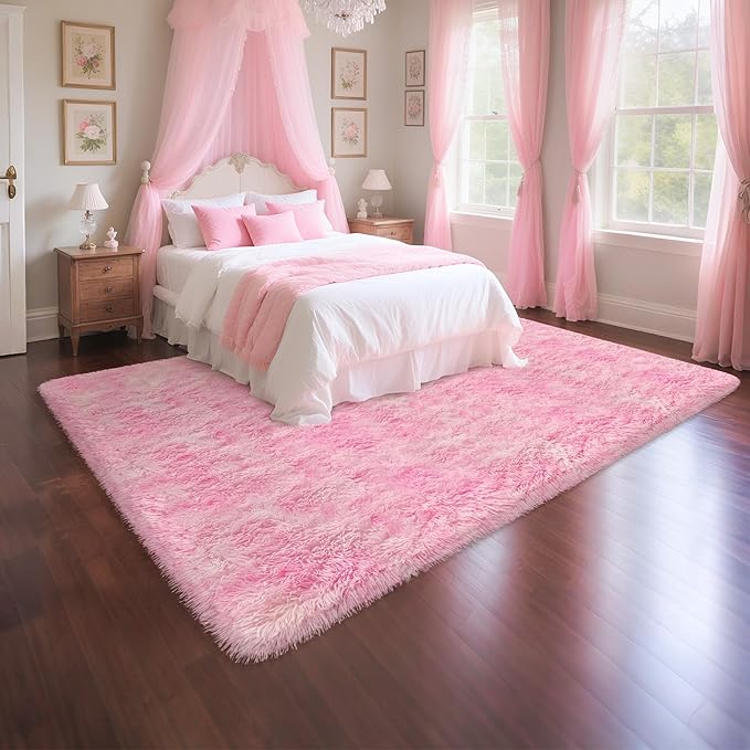 Fluffy Pink Rugs for Bedroom Girls, 5x8 Soft Fuzzy Area Rug Shag Carpet for Kids Room Playroom Nursery Living Room Dorm, Washable Plush Shaggy Rug Play Mat for Kids Baby Boys Teen