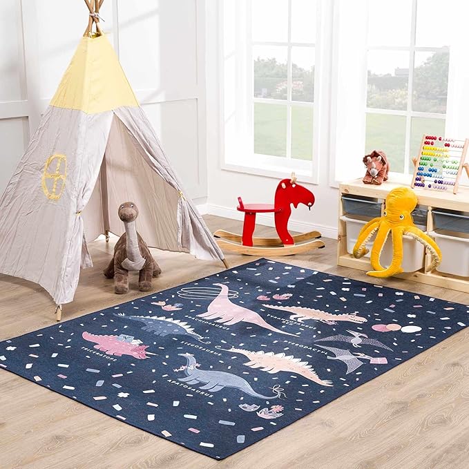 Hauteloom Milne Kids Room, Nursery Machine Washable Area Rug - Dinosaur - Navy, Blue Multi - 5'3" x 7'3"