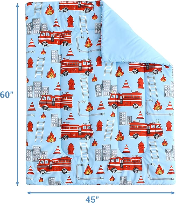 Mooreeke 4 Pieces Toddler Bedding Set - Fire Truck Blue Toddler Comforter Sets for Boys, Includes Comforter, Flat Sheet, Fitted Sheet and Pillowcase, Bed in A Bag for Baby Bedroom
