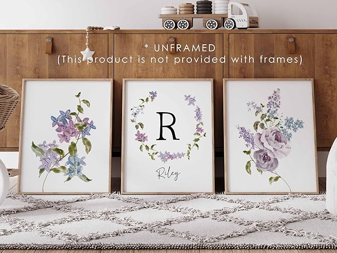 Personalized Name Flower Nursery Wall Art Prints, Crib & Nursery décor, Newborn Baby Girl Gift Present, Floral Baby Girl Room Pictures, Poster For Baby And Kids (3 Prints, Flower 2)