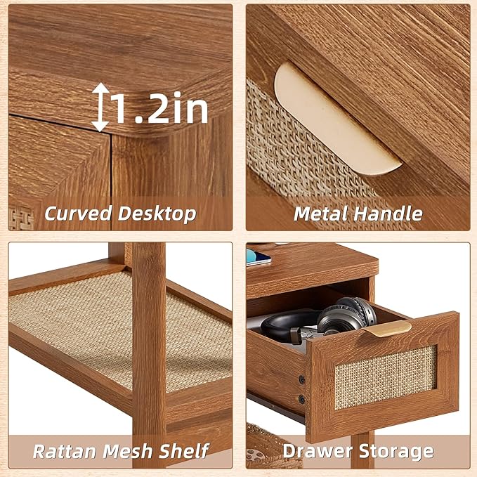 Lerliuo Narrow Night Stand with Charging Station, Boho Nightstand with Drawer, Bed Side End Table with Rattan Shelf for Small Spaces, Wood Nightstands Bedside Tables for Living Room Bedroom