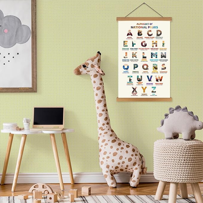 KAIRNE National Parks ABC Poster,Nature Scenery Alphabet Canvas Wall Art Print,Travel Themed Wall Decor with Wood Magnetic Poster Hanging Frame(15.7X25inch)Alphabet of National Parks for Traveler Room Decor
