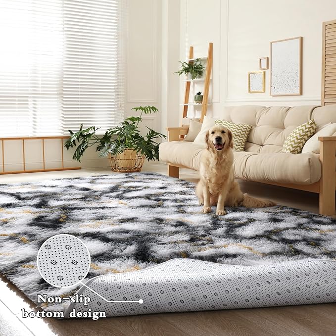 DweIke Fluffy Black White Gold Rugs for Bedroom Living Room, 4x6 Feet Soft Plush Shaggy Tie-Dyed Girls Boys Kids Rug, Upgraded Non-Slip and Machine Washable Carpet for Dorm Nursery Classroom Decor