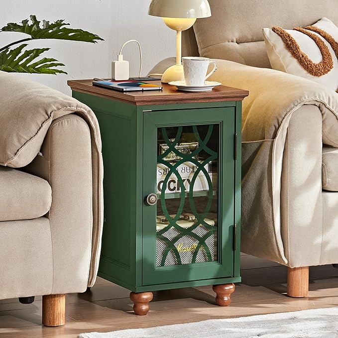 Narrow Side Table with Charging Station, Night Stand with Glass Door, Bedside End Tables with Adjustable Shelf Storage Cabinet,Wood Nightstand for Small Spaces Living Room Bedroom