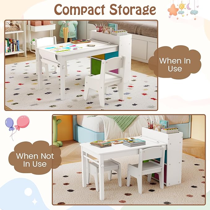 Costzon Kids Table and Chairs, 3 in 1 Wooden Art Drawing Desk Set w/ 4 Fabric Bins, Multiple Open Storage Compartments & a Paper Roll, Toddler Table and Chair Set for Children Playroom(White)