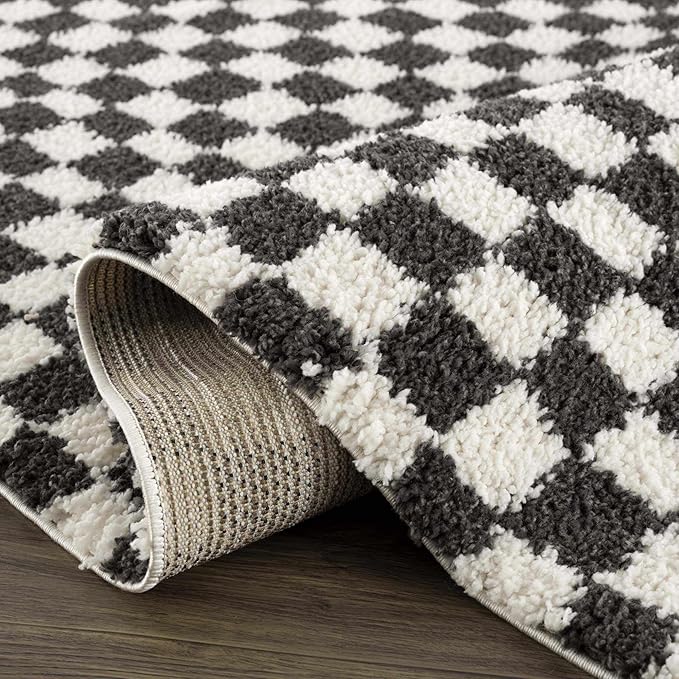 Hauteloom Kieu Contemporary Checkered Fluffy Shag Area Rug - Modern Geometric Soft Carpet Tiles for Living Room, Kids Room, Nursery - Black, White - 5'3" x 7'