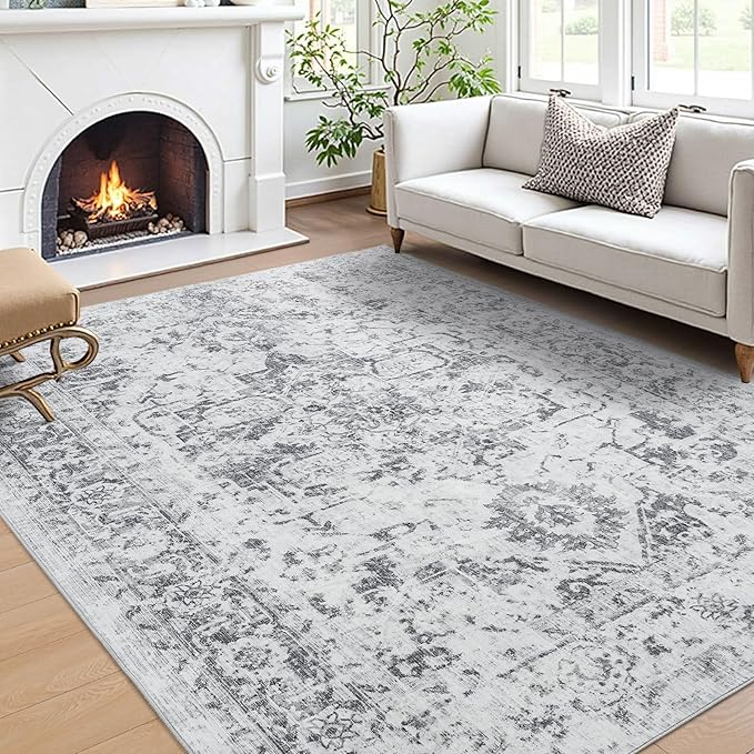 Area Rug 6x9, Washable Rug for Living Room, Large Area Rugs for Bedroom, Vintage Rug 6x9 for Dining Room, Non Slip Soft Low Pile Indoor Carpet for Kitchen, Nursery, Office, Farmhouse, Grey