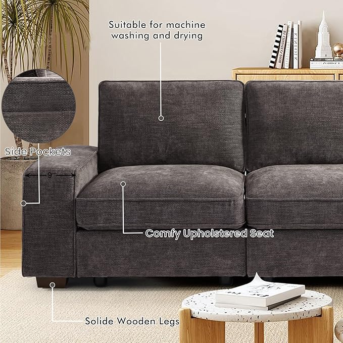 TEKAMON 100" Modular Sofa with Seats Storage, Comfy 3-Seater Chenille Fabric Couch for Living Room, Office, Apart W/Deep Seat, USB Charging, Side Pockets, Couch with Removable Cover (Dark Grey)