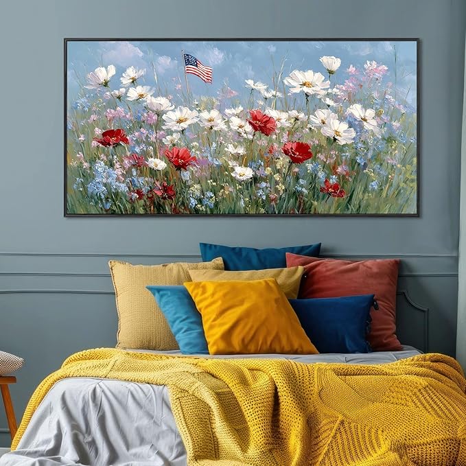 Large Framed American Flag Wildflower Wall Art for Living Room, Patriotic Flower Field Canvas Prints Paintings Artwork, Rustic Farmhouse Floral Landscape Pictures for Hallway Office Wall Decor 16"x30"