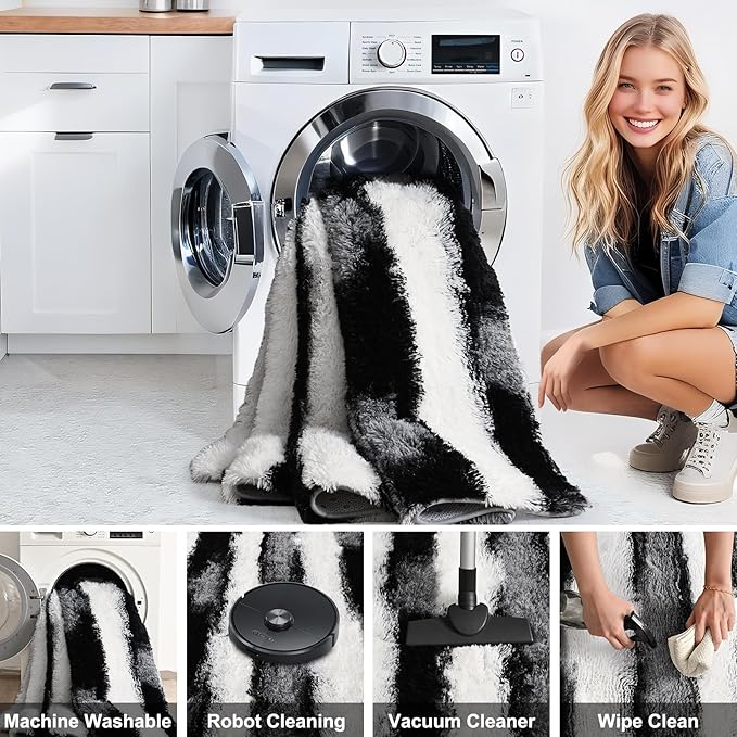 8x10 Feet Area Rugs for Living Room Bedroom,Black and White Machine Washable Soft Fluffy Shaggy Indoor Rug, Floor Carpet for Girls Boys Kids, Dorms, Nursery Rooms, Home Decor Aesthetic