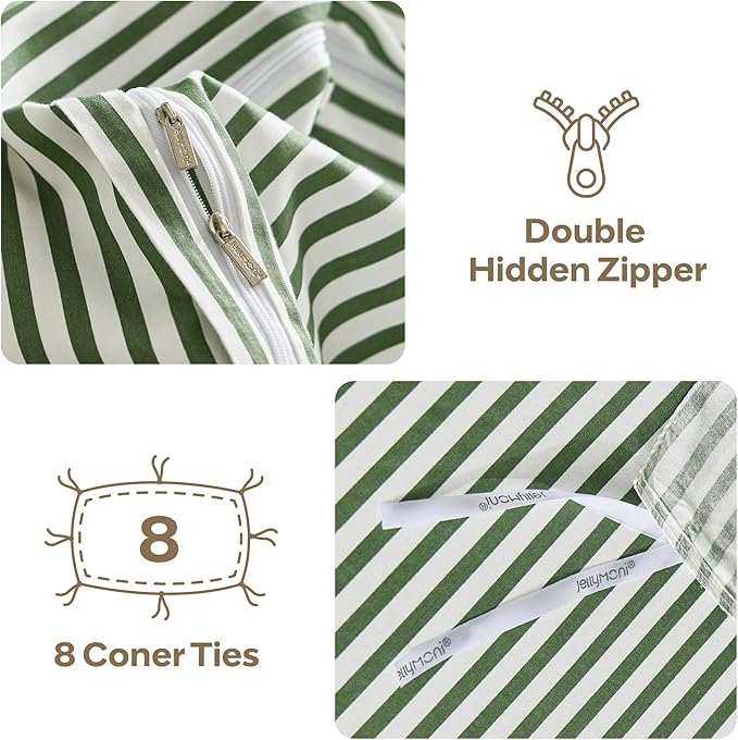 JELLYMONI 100% Natural Cotton Striped Duvet Cover Sets,White Duvet Cover with Green Stripes Pattern Printed Comforter Cover,with Zipper Closure & Corner Ties(Twin 66×92 Inch)