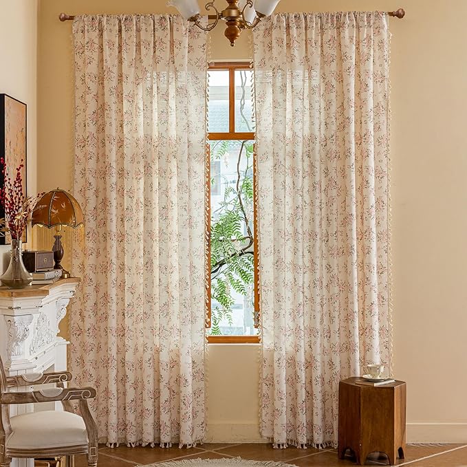 OYX Pink Boho Floral Curtains 63 Inch Long 2panels, French Vintage Farmhouse Patterned Decor Window Drapes with Tassels, Girls Semi-Sheer Light Filtering for Bedroom Living Room (Rod Pocket, 52wx84l)