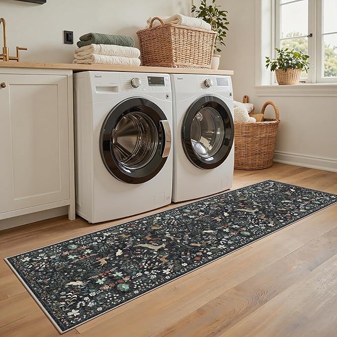 Runner Rug Washable Runners Kitchen Rugs Non Slip Animal Floral Carpet Low Pile for Indoor Hallways Entryway Living Room Bedroom Laundry Soft Mat 2'6''x8' Black