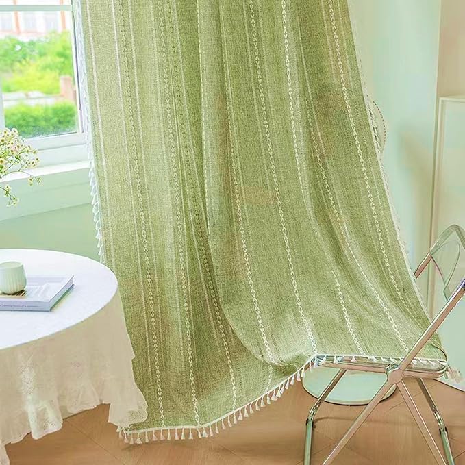 Deeprove Green Bohemian Curtains 90 Inches Long Linen Textured for Living Room Light Filter Farmhouse Sheer Hollow Striped Moss Drape, Rod Pocket Window Treatment for Bedroom 1 Panel W52 x L90