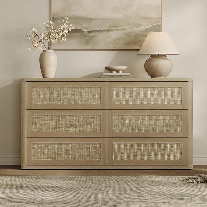 SICOTAS Dresser for Bedroom - 6 Drawer Dresser for Nursery 54" Wide Rattan Dressers & Chests of Drawers Boho Drawers for Bedroom Living Room Clothes Large Closet Storage for Closet Hallway Entryway
