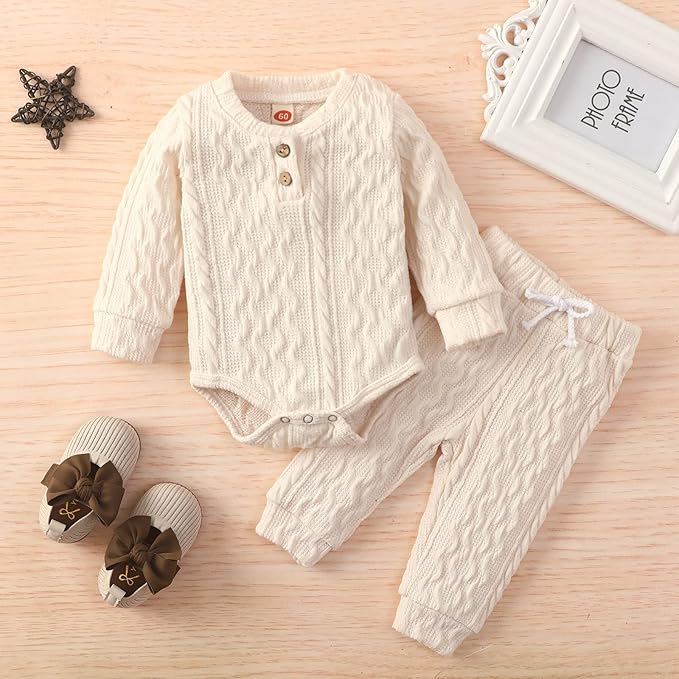 Newborn Baby Boy Girl Clothes Ribbed Knitted Cotton Long Sleeve Romper Long Pants Solid Color Fall Winter Outfits