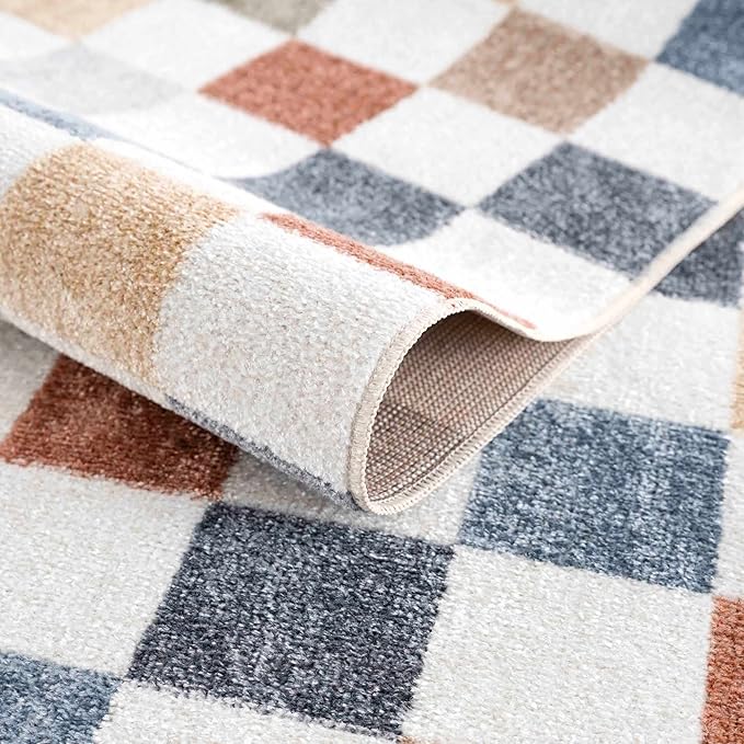 BoutiqueRugs Alia Colorful Modern Checkered Area Rug - Contemporary Geometric Carpet for Hallway, Nursery, Girls Boys Room - Machine Washable - White, Blue, Peach, Rust - 6'7" x 9' (6x9)