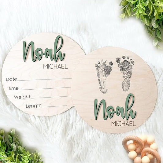 NAZENTI Personalized Baby Name Announcement Wooden Signs, Custom Birth Announcement And Footprint Sign For Hospital, Baby's Arrival Gift, Welcome Sign For Decor, Gifts For Baby Girl Or Boy Shower