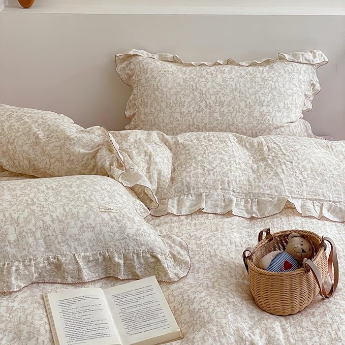 AOJIM Muslin Cotton Duvet Cover with Forest Themed Patterns, 100% Cotton Super Soft Comforter Cover Twin Size, Ruffled Edge Bedding Duvet Cover 2-Layer Gauze for Kids Adults, No Quilt or Pillowcases
