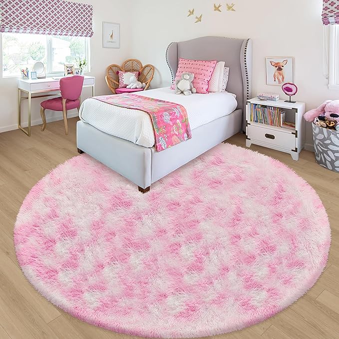 7 ft Large Fluffy Round Pink Area Rugs for Girls Bedroom, Colorful Soft Shaggy Circular Rug Plush Fluffy Circle Carpet Fuzzy for Nursery Baby Toddler Room Playroom Dorm Iving Room Home Decor