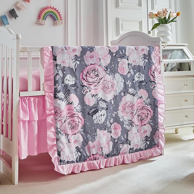3 Pieces Flowers Mini Crib Bedding Set Baby Ruffled Quilted Comforter with Fitted Sheet and Bed Skirt - Cute Ruffled Shabby Chic Baby Bedding Soft Gray Pink Rose Floral Design