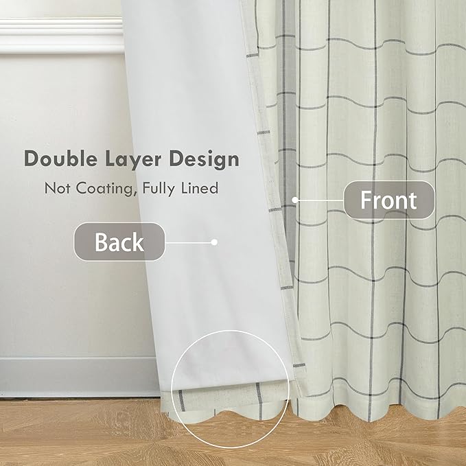 DriftAway 2 Panels 100% Blackout Windowpane Plaid Linen Curtains Double Layer Drapes for Bedroom 90 Inches Long Farmhouse Thermal Insulated 3.25 Inch Rod Pocket Back Tab for Living Room Black