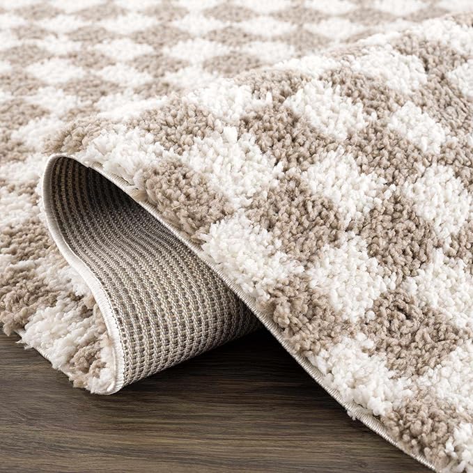 Hauteloom Kieu Contemporary Checkered Fluffy Shag Area Rug - Modern Geometric Soft Carpet Tiles for Living Room, Kids Room, Nursery - Gray, Taupe, White - 8'10" x 12'