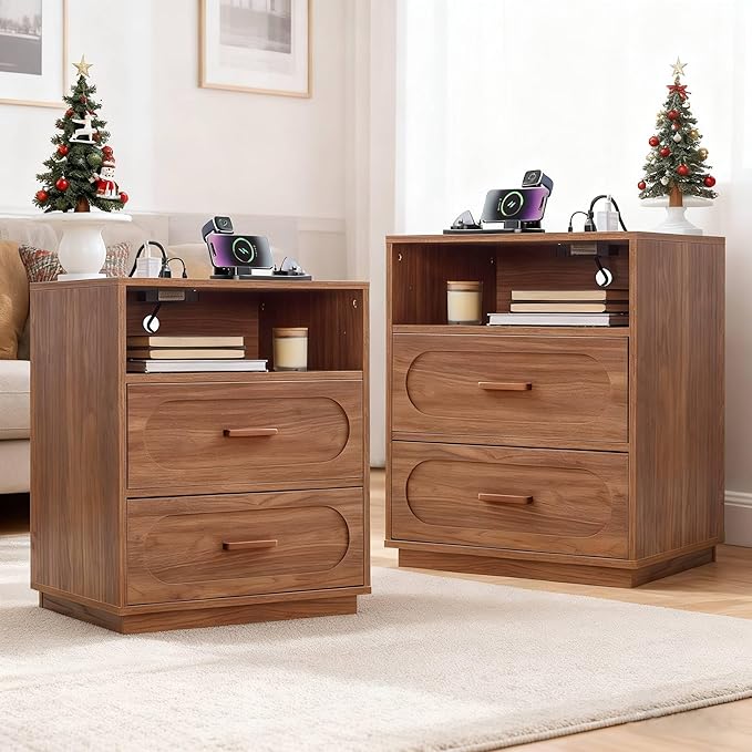 Walnut Nightstand Set of 2 with Charging Station, End Table with 2 Drawers Storage, Space-Saving Wood Storage Cabinet with Unique Base Design, Bedside Table for Bedroom, Living Room