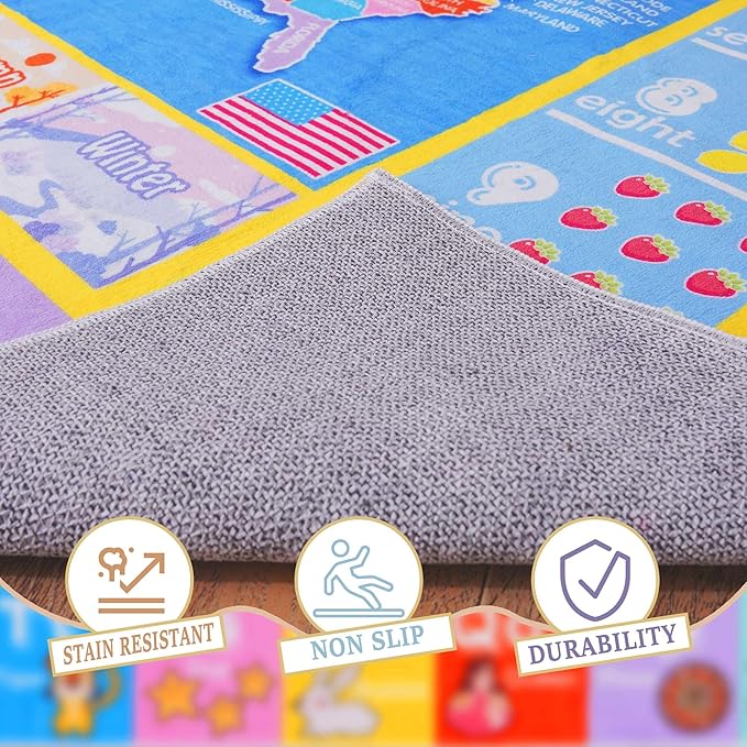 Kids Rugs for Playroom - Soft & Non-Slip 7x9 Feet Educational Rug for Learning ABC Alphabet, Numbers, Shapes & Map, Washable Classroom Rug for Toddler Nursery & Kids Room Decor