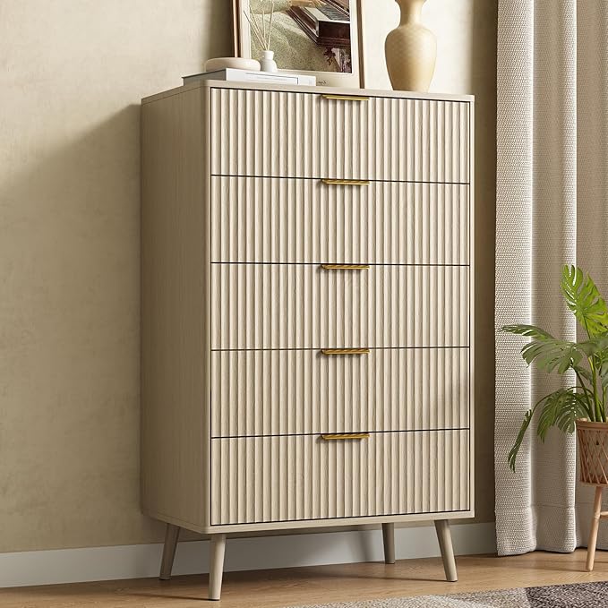 CARPETNAL Fluted 5 Drawers Dresser for Bedroom, 45" Tall Wooden Chest of Drawers with Rounded Corners, Gold Handles, Modern Storage Organizer for Bedroom, Hallway (Beige)