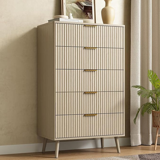CARPETNAL Fluted 5 Drawers Dresser for Bedroom, 45" Tall Wooden Chest of Drawers with Rounded Corners, Gold Handles, Modern Storage Organizer for Bedroom, Hallway (Beige)