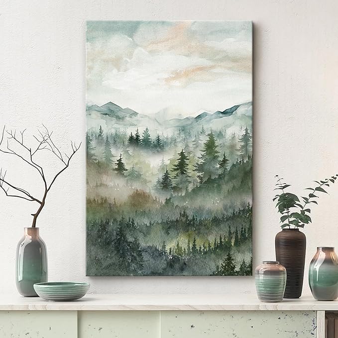 SIGNWIN Canvas Print Wall Art Misty Forest Landscape Watercolor Serene Mountain Pine Trees in Fog Illustrations Modern Art Decorative Landscape for Living Room, Bedroom, Office - 24"x36"