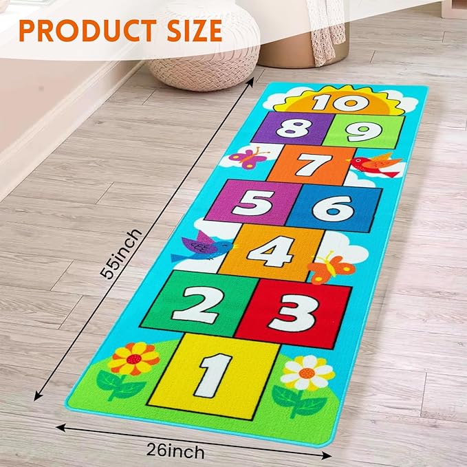 Hop & Count Hopscotch Rug for Kids, Floor Play Area Rug Game Carpet Crawl Jump Mat, Skid-Proof Backing, Great Gift for Boys Girls, Room Decor, Classic Hopscotch Rug for Preschool Playroom