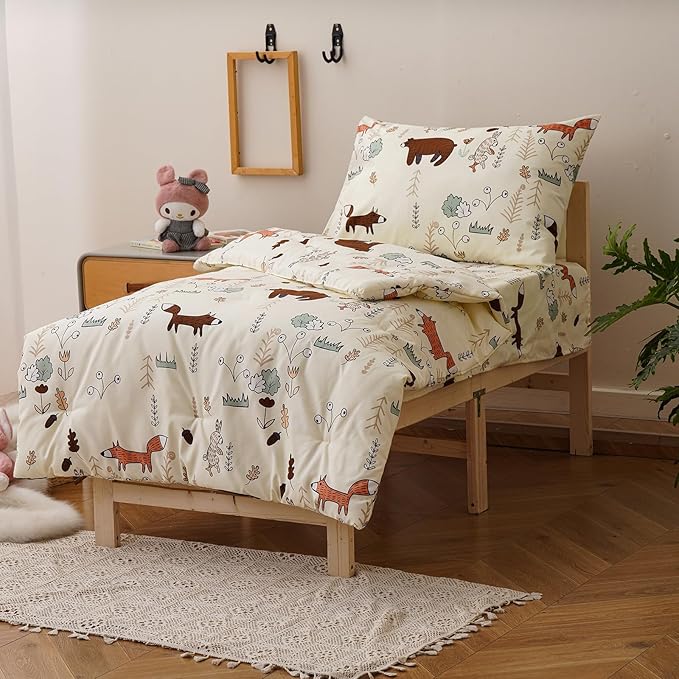 KAREVER Cartoon Toddler Bedding Set Bear Fox 4 Pieces Crib Bed Set Kids Cream Yellow Animal Print Comforter Set